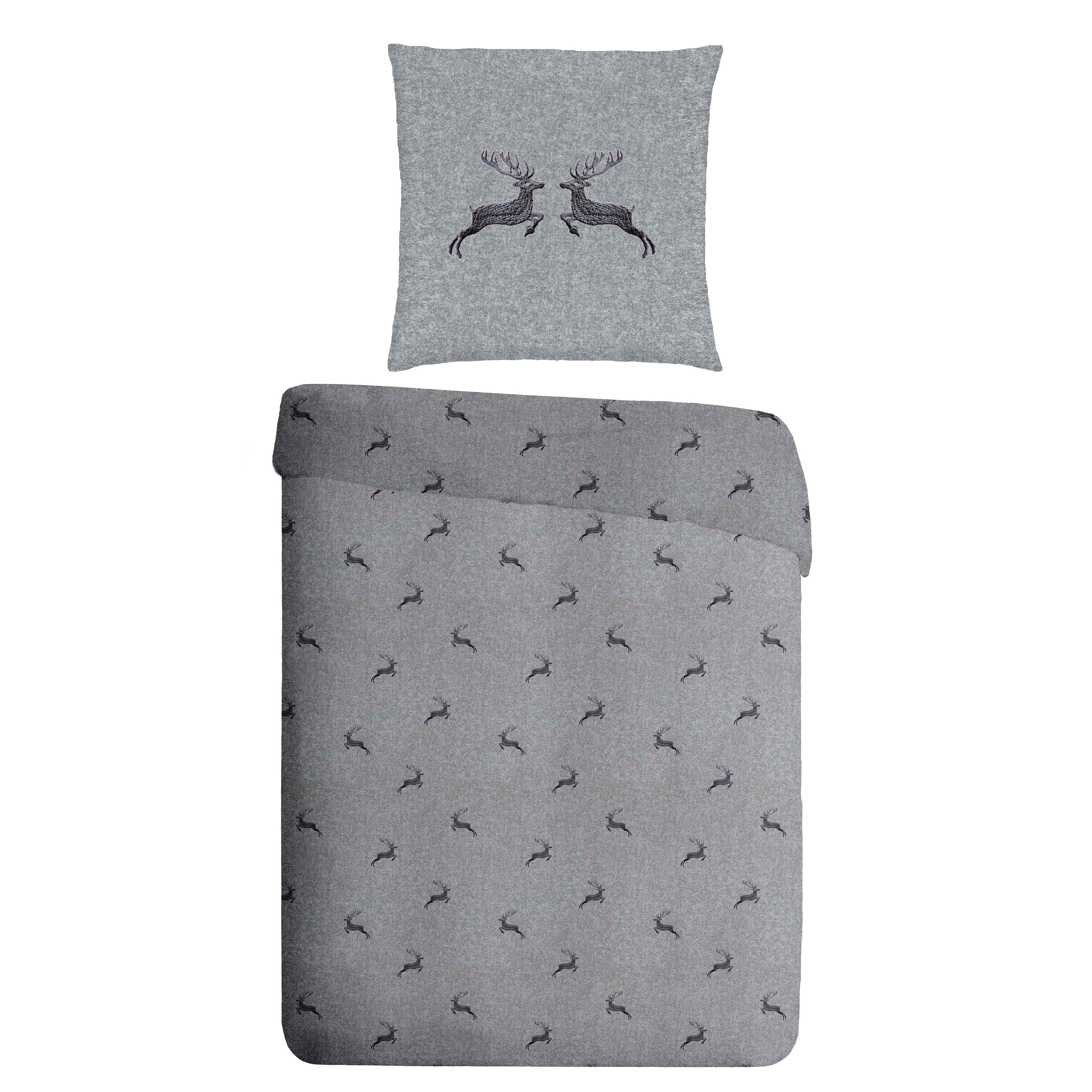 DE CAMA Bettwäsche-Set Schottenkaro Mit Hirsch – Wendbar, King-Size, Aus Baumwolle-Polyester, Grau/schwarz
